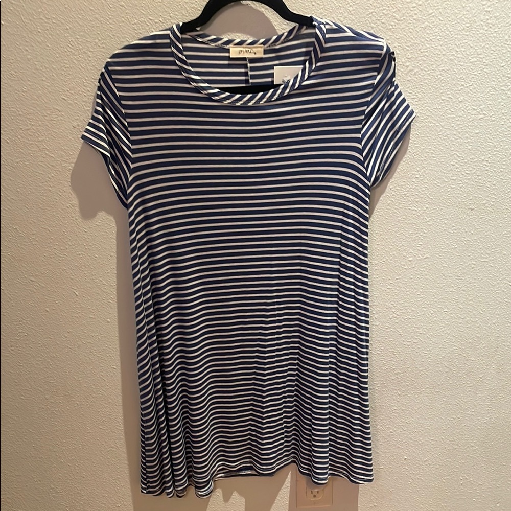 Pinc Blue and White Boxy Cuffed Sleeve Tee